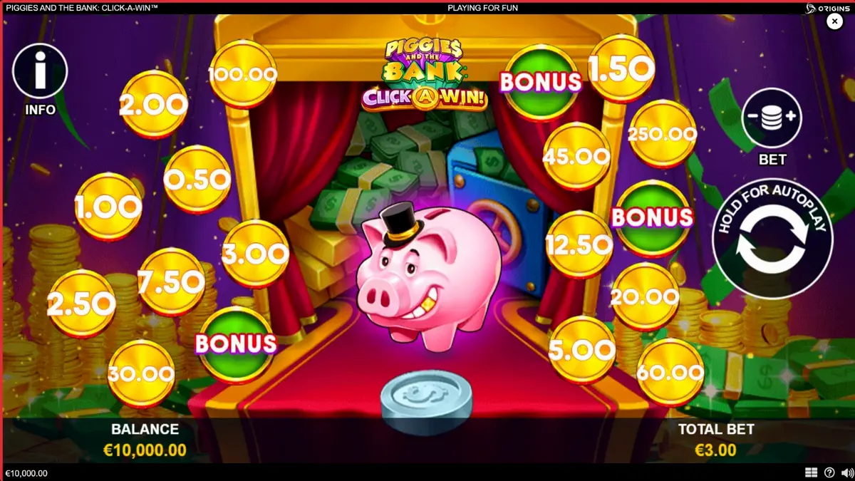 Piggies and the Bank: Click-A-Win স্লট গেমের রঙিন ইন্টারফেস এবং পিগি ব্যাংক থিম